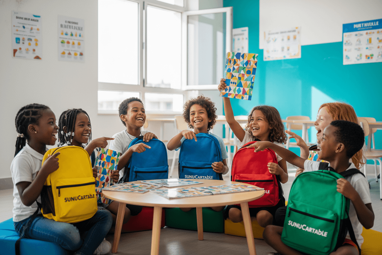 Enfants en classe avec leurs cartables SunuCartable
