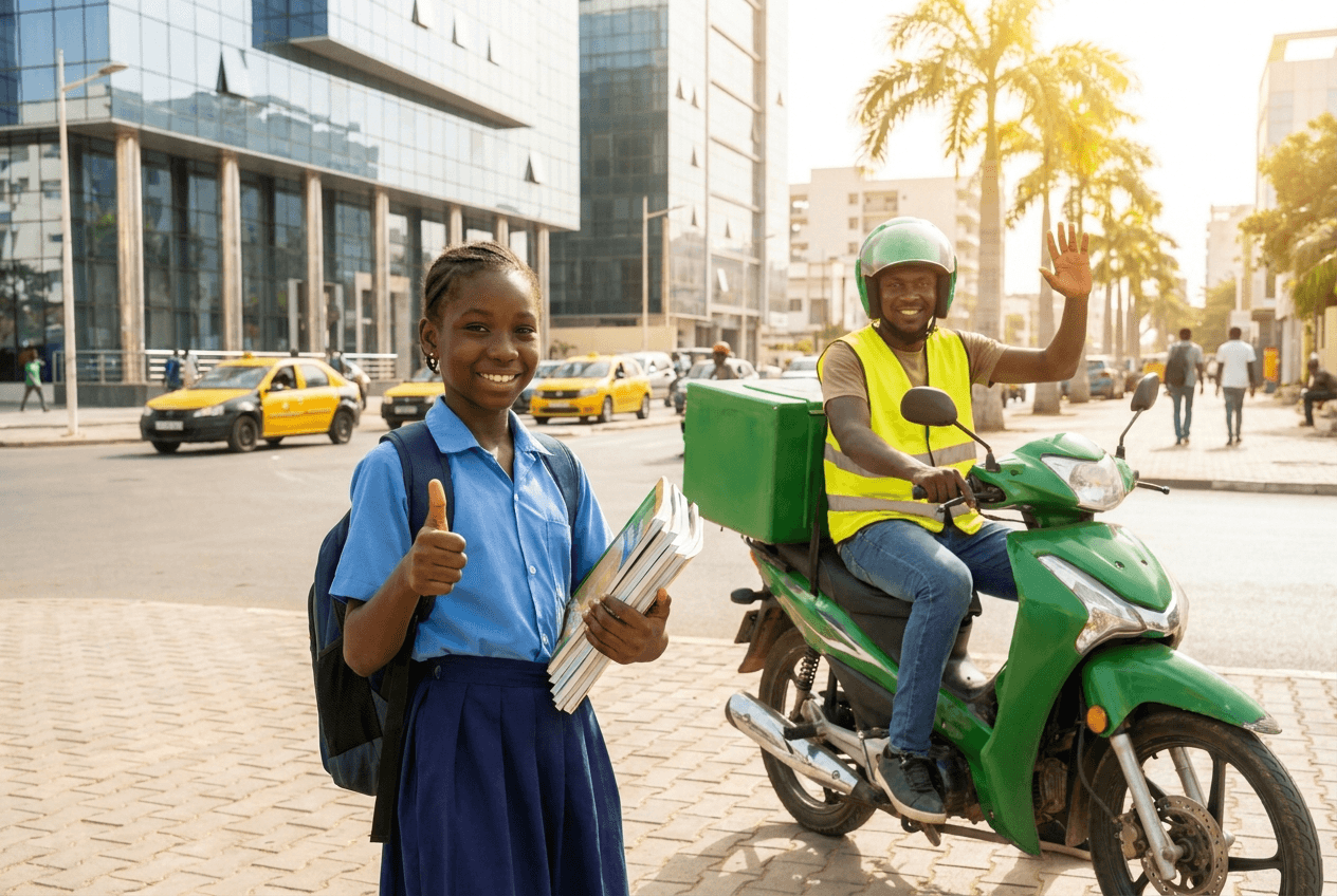 Livreur moto avec élève heureuse tenant ses fournitures